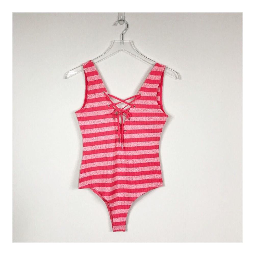 ESSUE Striped Front Lace Up Bodysuit Small